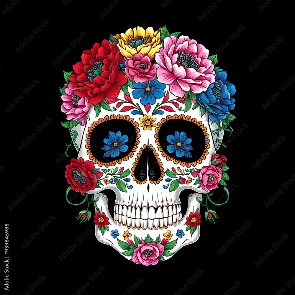 Wall mural vibrant and intricate digital illustration of a sugar skull adorned with a lush array of colorful fl