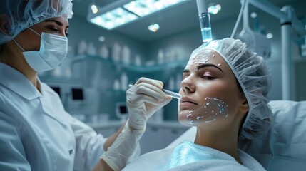 A sterile clinic environment highlighting a beauty specialist performing a chemical peel, emphasizing exfoliating and renewing effects.
