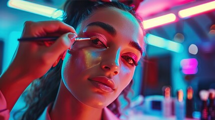 Fototapeta premium A well-lit salon scene highlighting a makeup artist applying makeup to a client, emphasizing precision and artistry.