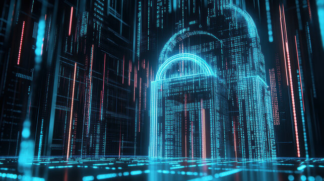 Glowing digital padlock made of binary code in a futuristic virtual landscape