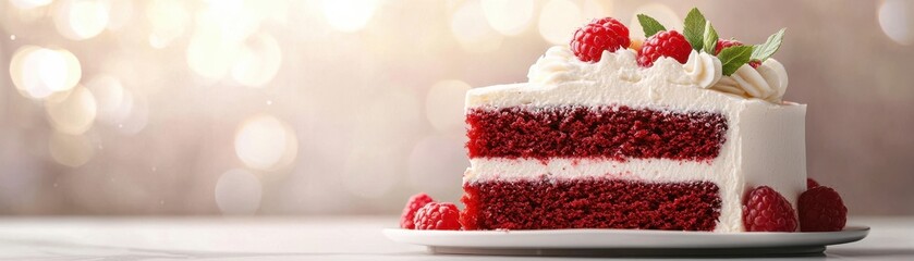 Delicious red velvet cake topped with fresh raspberries and cream, perfect for celebrations and special occasions.