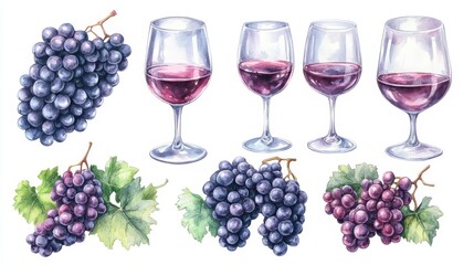 Fototapeta premium Wine glasses, wine and grapes set. White background. Watercolor illustrations