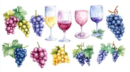 Fototapeta premium Wine glasses, wine and grapes set. White background. Watercolor illustrations