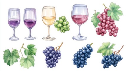 Fototapeta premium Wine glasses, wine and grapes set. White background. Watercolor illustrations