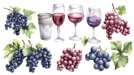 Obraz premium Wine glasses, wine and grapes set. White background. Watercolor illustrations