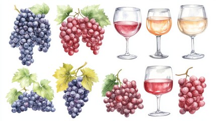 Fototapeta premium Wine glasses, wine and grapes set. White background. Watercolor illustrations