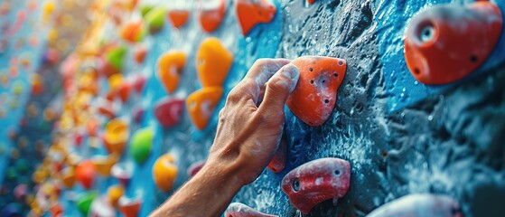 climbing wall. Close-up of a hand holding on to a climbing wall