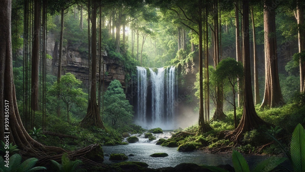 Wall mural waterfall in the forest waterfall water nature river forest stream landscape cascade green rock ston