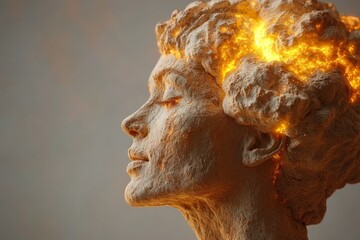 Statue with a glowing brain symbolizing the enduring power of human thought creativity and the intersection of art and intellect in a timeless illuminated setting