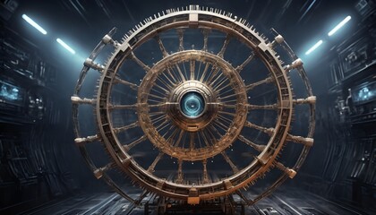 Fototapeta premium Futuristic Mechanical Wheel with Glowing Core in Industrial Space