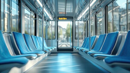 Modern Urban Subway Car Interior with Blue Seats and Sunlight Streaming Through Windows