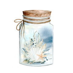 Sea shells, seaweed, pebbles in a glass jar. Isolated drawing on white background. Watercolor illustration in pastel colors. The drawing is hand drawn. Suitable for cards, invitations and textiles.