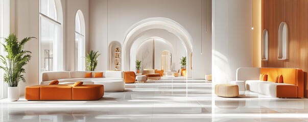 Modern Scandinavian hotel lobby with minimalist interior design and natural lighting