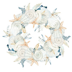 Wreath of beige sea shells, stars and seaweed watercolor illustration isolated on white background. Hand drawn ocean clams clipart for marine and seaside designs in monochrome pastel colors