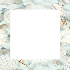 Square frame made of sea shells and starfish. Watercolor illustration in pastel colors. The drawing is hand drawn. Suitable for cards, scrapbooking, wallpaper and textiles.