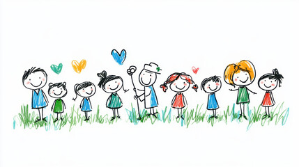 A colorful hand-drawn illustration of a group of smiling children standing in a field, surrounded by hearts and grass.