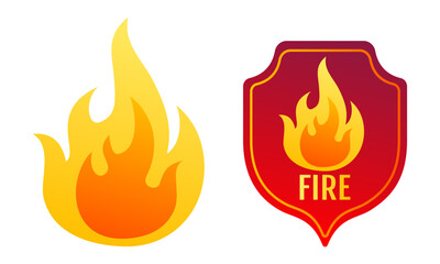 Vector set icon of fire and shield with flame. Vector  illustration of fire.