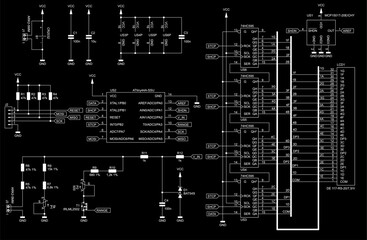 Schematic diagram of electronic device on sheet of paper.  Vector drawing electrical circuit with microcontroller,
resistor, integrated circuit, capacitor, diode, lcd,
other components.
