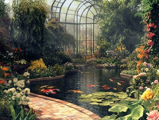 Fototapeta premium Lush Botanical GardenVibrant Greenery and Colorful Plant Life in 3D Illustration