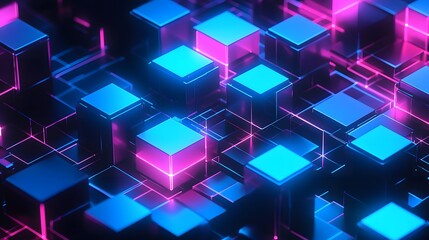 Obraz premium 3D black cubes in an isometric perspective. The background features a dark blue gradient with glowing accents, creating a futuristic and high-tech atmosphere