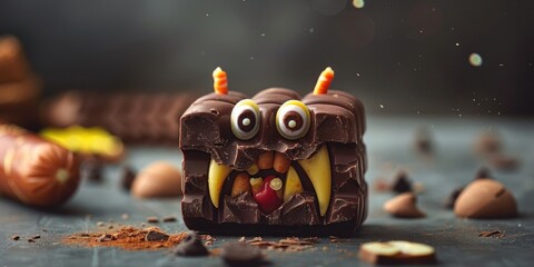 Humorous tiny creature crafted from square chocolate infused with a touch of cinnamon and a hot dog element.