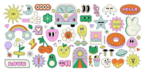Retro groovy stickers set. Cartoon 70s funky psychedelic icons, vintage hippie decorative elements with flowers and peace signs. Vector isolated collection