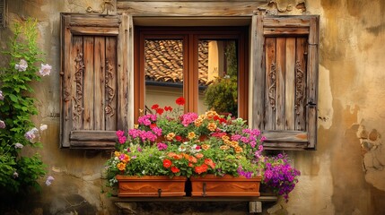 Vintage window ajar reveals a charming cobblestone street, vibrant flowers, and historic Italian...