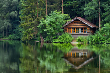Serene Rustic Log Cabin by Mountain Lake Surrounded by Evergreen Forest in Tranquil Nature Setting, Ideal for Relaxation and Adventure