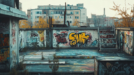 Popular stock photos of urban exploration showing rooftop graffiti art