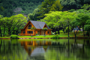 Serene Rustic Log Cabin by Mountain Lake Surrounded by Evergreen Forest in Tranquil Nature Setting, Ideal for Relaxation and Adventure