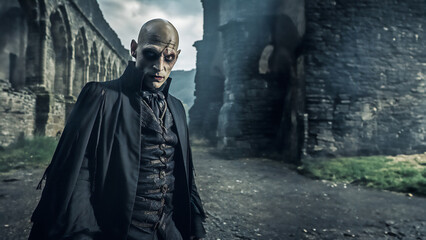 A vampire, scary and horrible, in a black leather suit stands against the backdrop of a walled castle