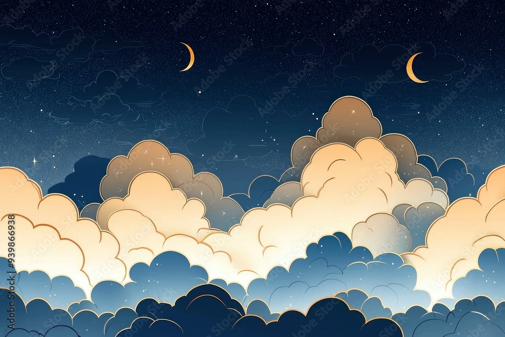 Wall mural Night Sky with Golden Clouds and Stars