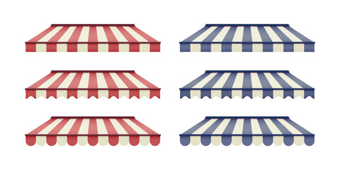 Set of striped awning for cafe. Striped shop canopy. Store or cafe sunshade awning.