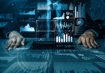 Big Data Technology for Business Finance Analytic Concept. Modern interface shows massive information of business sale report, profit chart and stock market trends analysis on screen monitor. uds