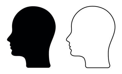 Human head profile icon. Black shadow, silhouette of a person's face, black and white avatar of a person. Head outline.