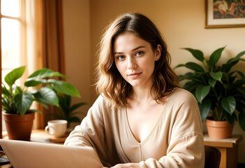 A young woman working concentratedly in a bright home office