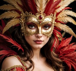 Elegant Woman in Luxurious Red and Gold Venetian Mask with Feathers. Carnival Portrait