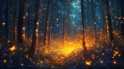 Obraz premium Magical woodland with shimmering fireflies in the evening light ideal for dreamy and atmospheric wallpapers