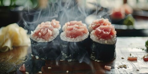 Sushi roll with homemade tuna spread served on a rotating platter
