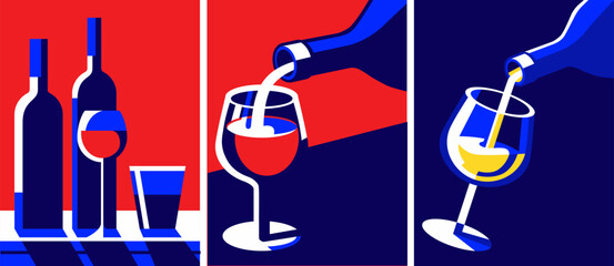 Set of posters with wine. Abstract aesthetic banners with alcohol drink, bottles and glasses. Restaurant, evening date and sommelier concept. Flat vector collection.
