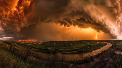 Lightning Storm over River and City