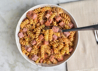 fusilli  pasta with  diced spam  and seasoning