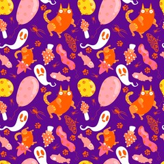 Halloween animals seamless cats and pumpkins pattern for wrapping paper