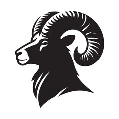 A silhouette ram head with large horns and a long horn, A ram with large horns