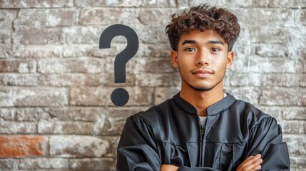 Hispanic teenage graduate in black gown posing confidently with question mark on brick wall backdrop
