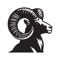 A silhouette ram head with large horns and a long horn, A ram with large horns