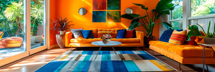 Obraz premium Cozy, visually colorful living room with a warm and energetic atmosphere, eclectic style, and vast vegetation.