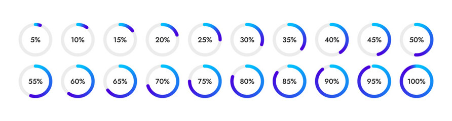 Round Loading Progress Icons. Set of Percentage Indicator Bars. Vector Illustration. 