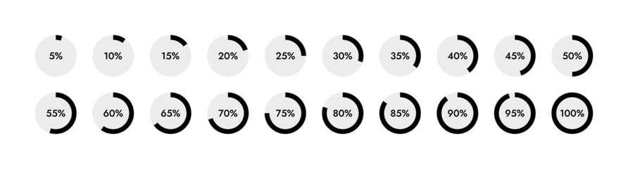 Round Loading Progress Icons. Set of Percentage Indicators. Progress Indicator Icons for UI Design. Percentage Pie Charts from 5 to 100 Percent. Vector Illustration. 