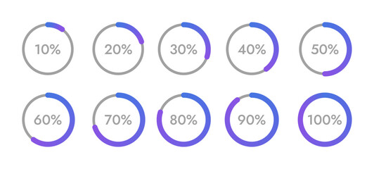 Percentage Indicator Icons. Set of Circle Progress Indicator Diagrams from 10 to 100 Percent. Vector Illustration for User Interface (UI), Web Design, Business Infographics, Presentation. 